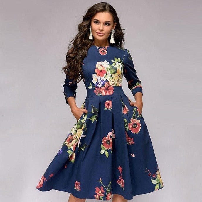 Women's Floral Midi Dress With Half Sleeves