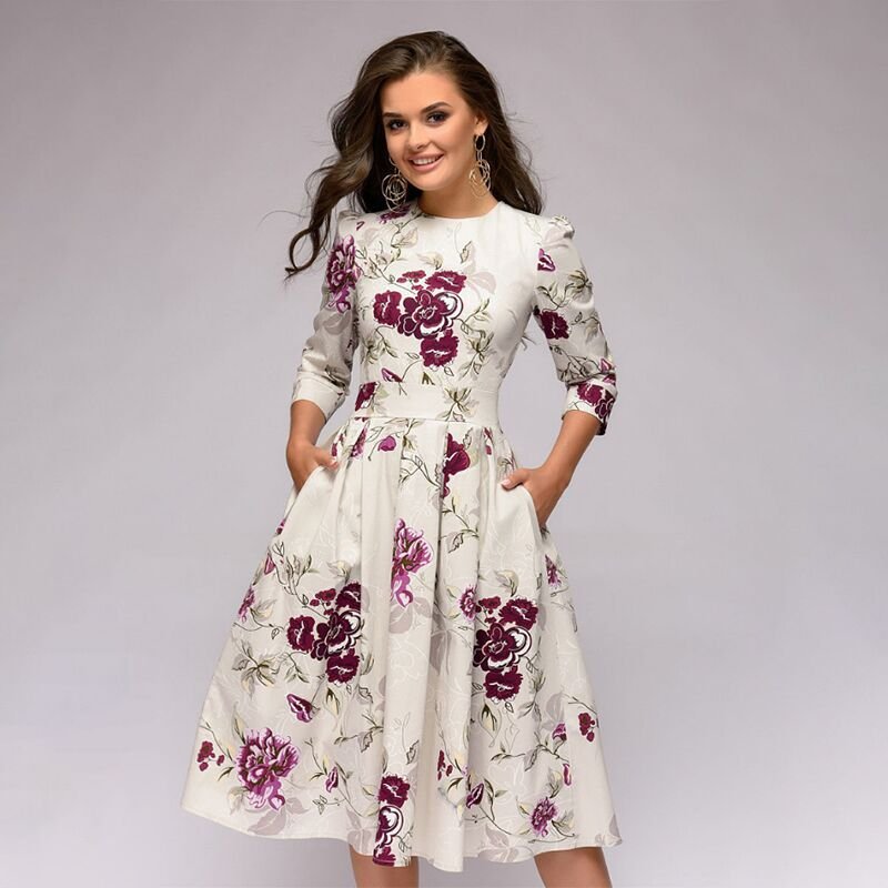 Women's Floral Midi Dress With Half Sleeves