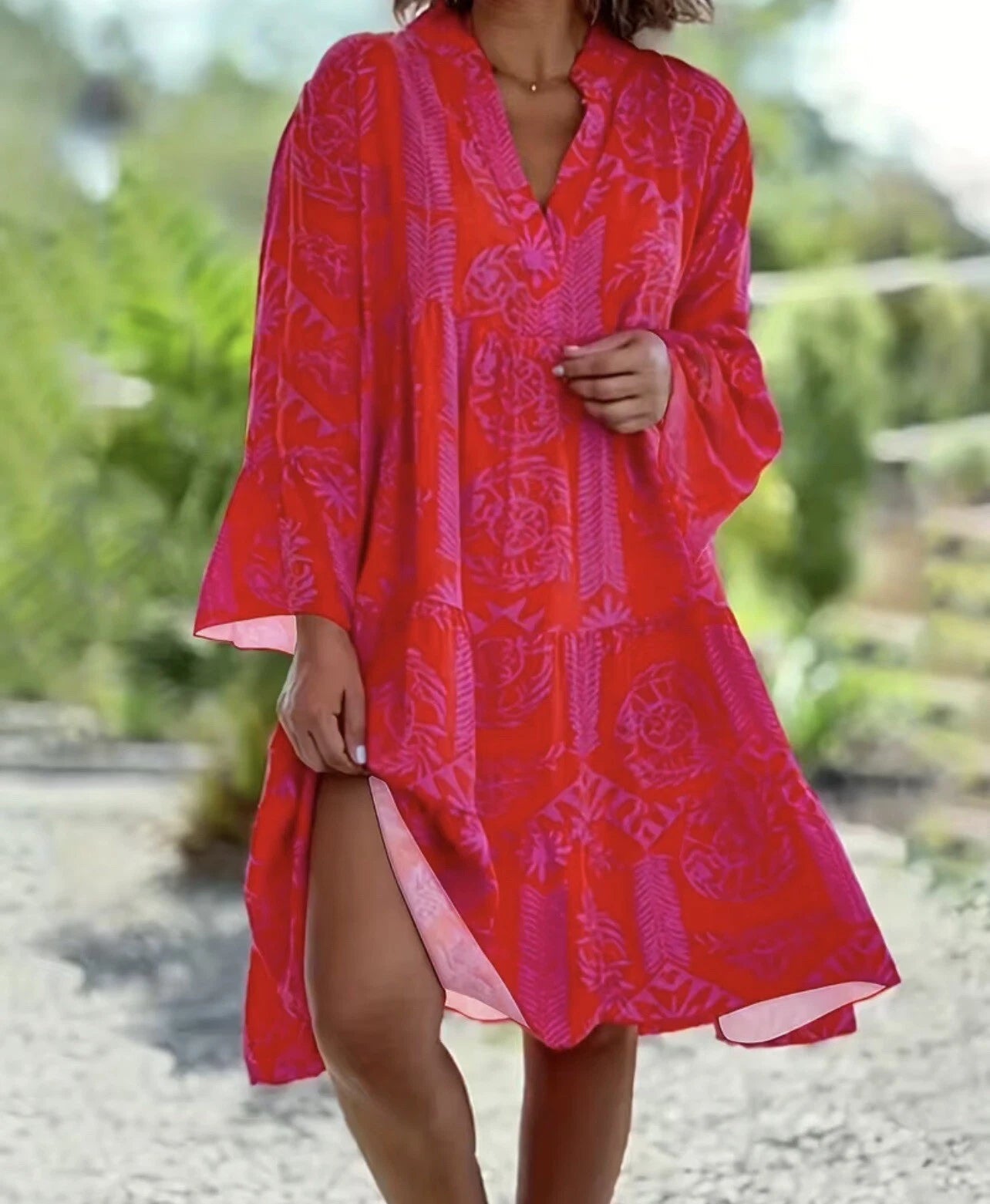 WOMEN'S BOHO COTTON MINI DRESS WITH V-NECK AND LONG SLEEVES