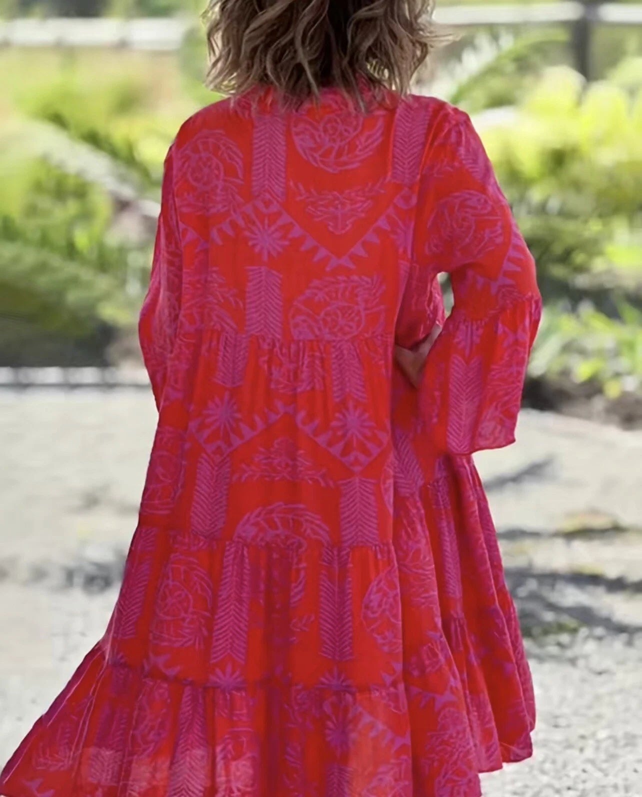 WOMEN'S BOHO COTTON MINI DRESS WITH V-NECK AND LONG SLEEVES