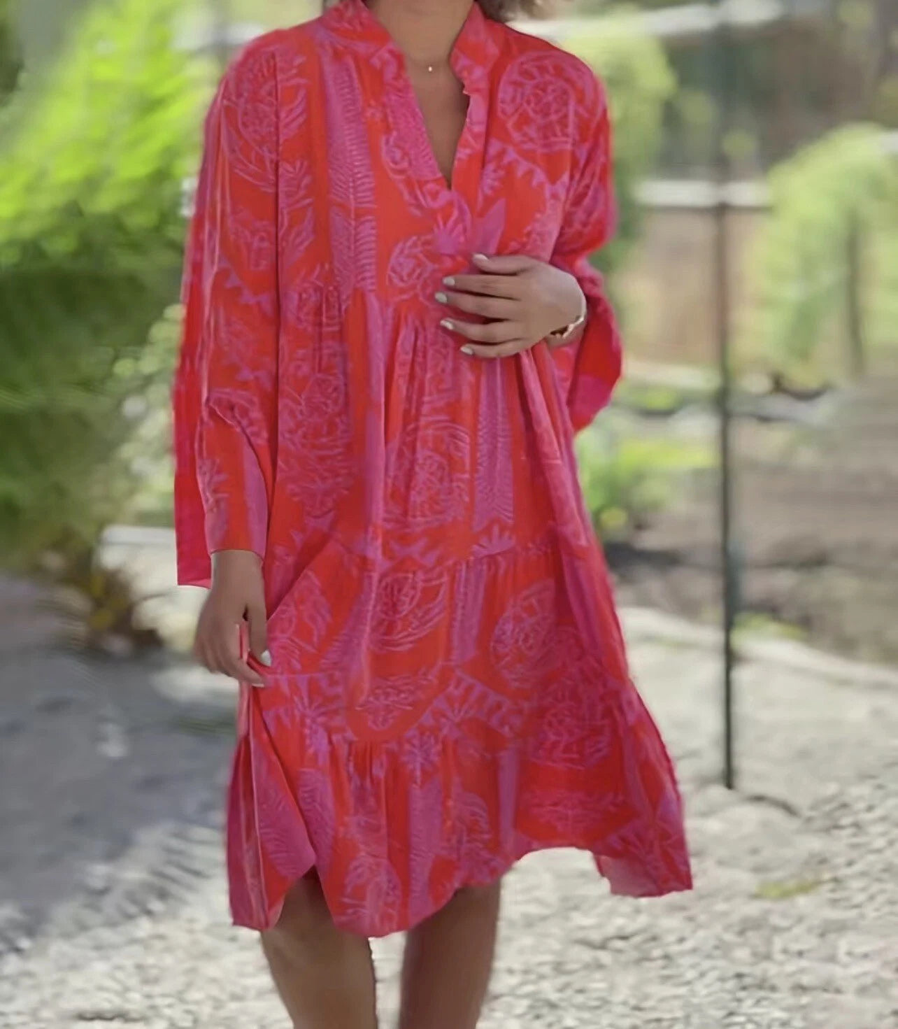 WOMEN'S BOHO COTTON MINI DRESS WITH V-NECK AND LONG SLEEVES
