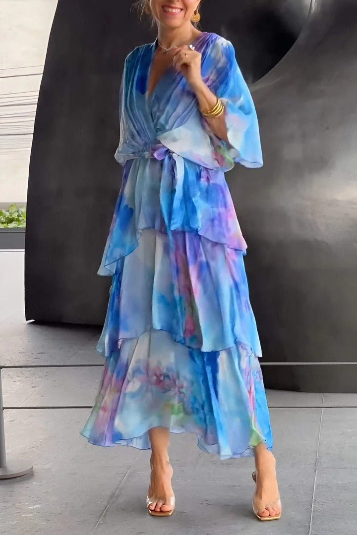 Women's Floral Layered Maxi Dress With V-neck & Half Sleeves