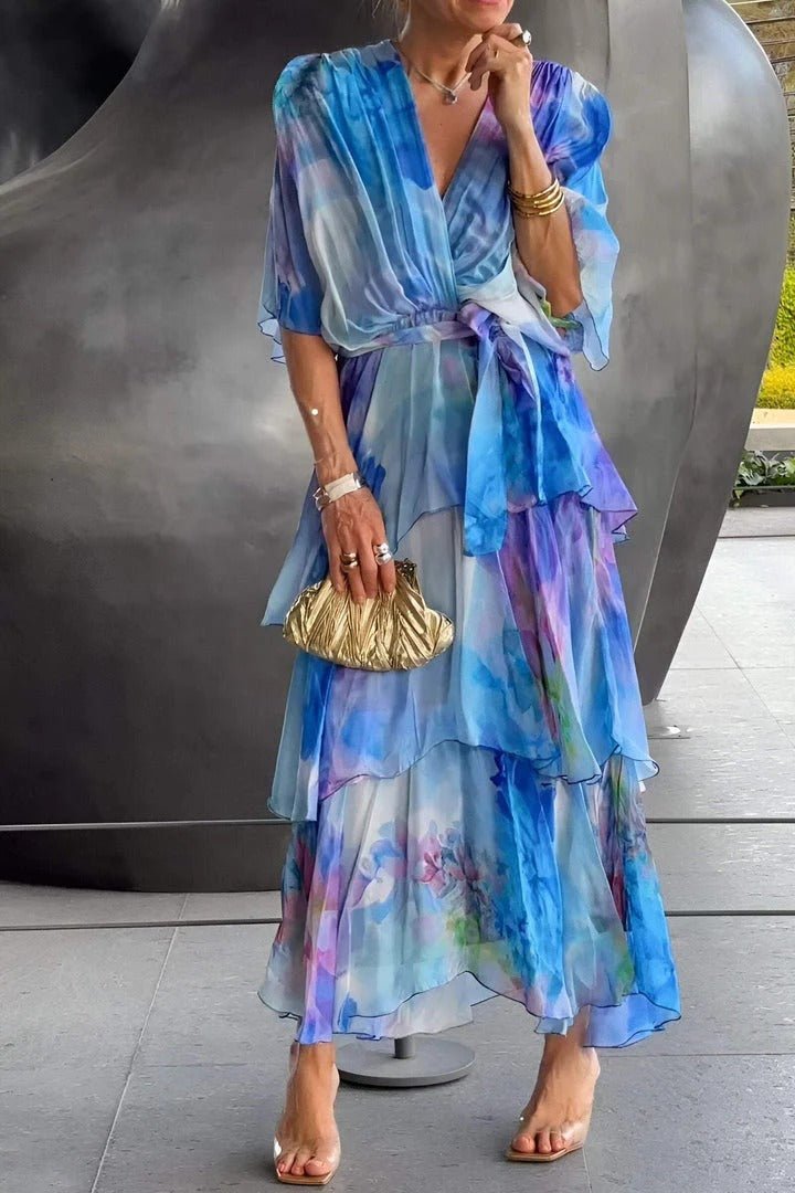 Women's Floral Layered Maxi Dress With V-neck & Half Sleeves