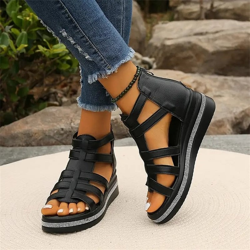 Women's Strappy Wedge Sandals With Rhinestone Detail