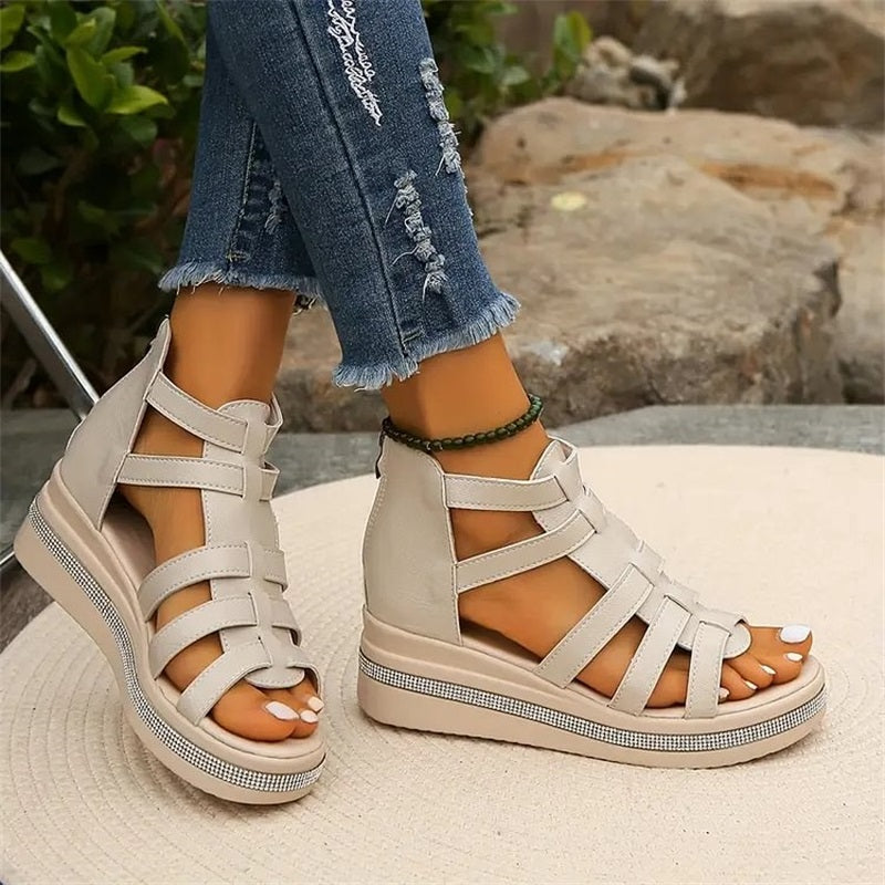 Women's Strappy Wedge Sandals With Rhinestone Detail