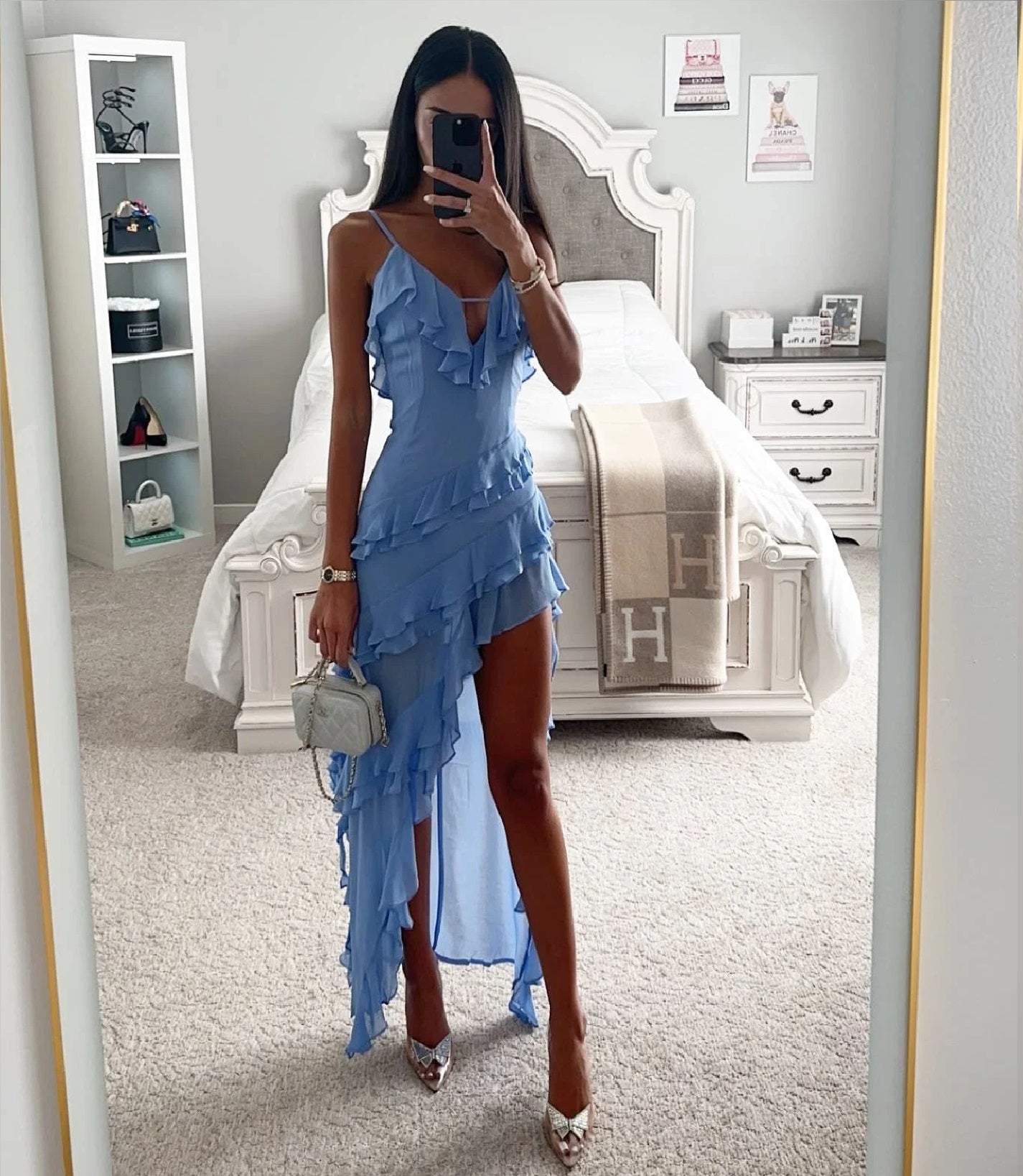 Women's Ruffle Asymmetric Maxi Dress With V-neck Design