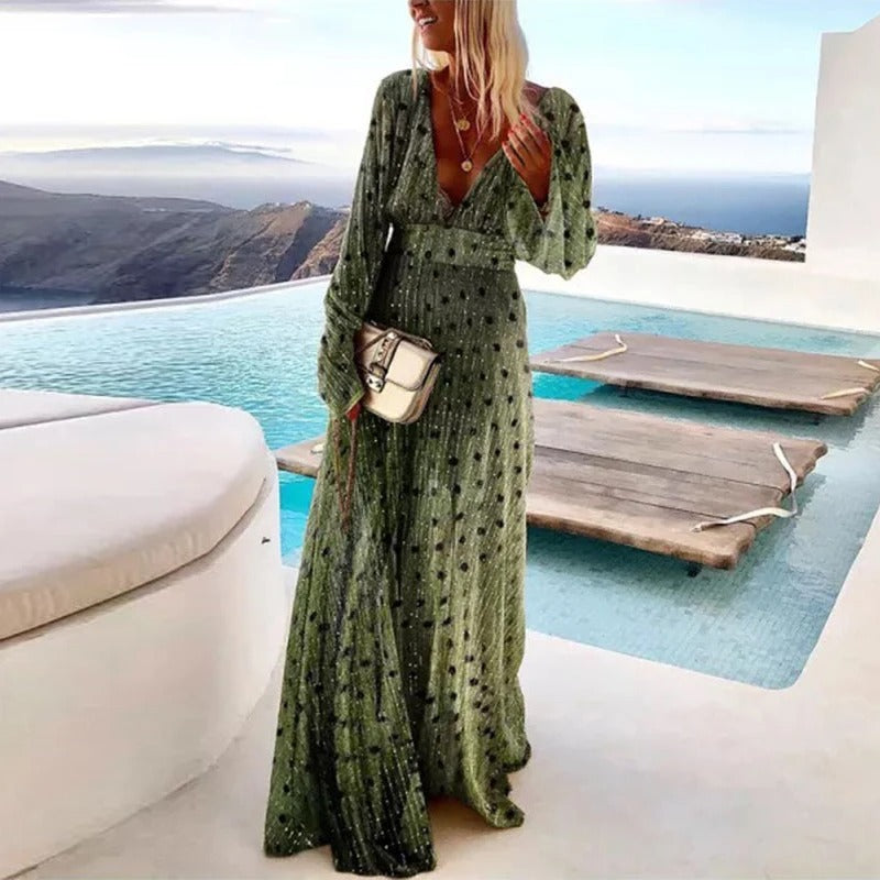 Women's Long Sleeve Maxi Dress With V-neck And Flowy Silhouette