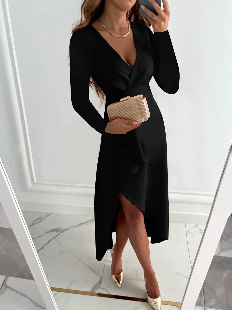 Women's Elegant Midi Dress With V-neck And Front Slit