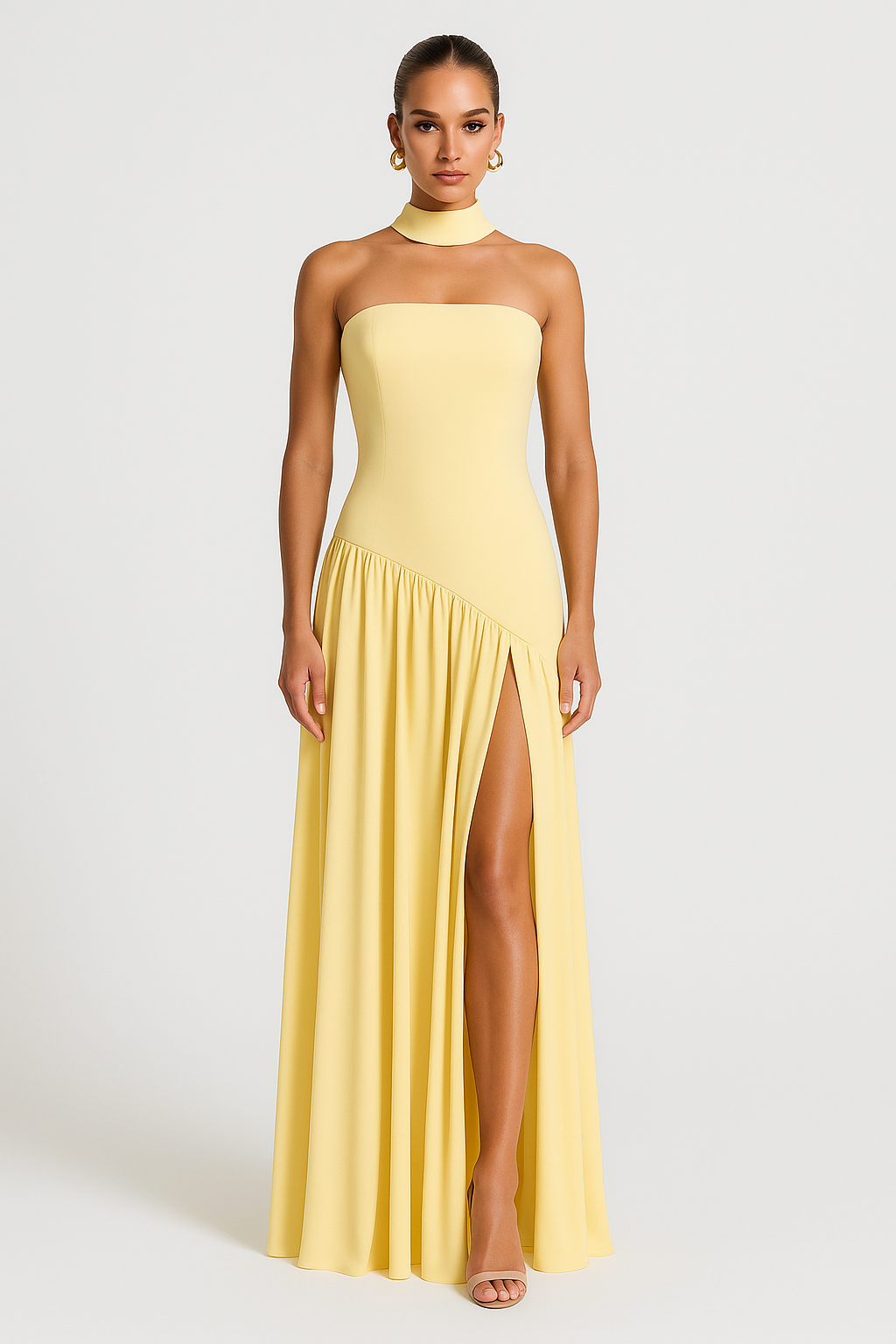 Women's Strapless Maxi Gown With Asymmetric High Slit